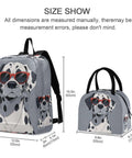 Dalmatian Print Backpack With Insulated Lunch Cooler set, showing front view with dimensions, ideal for work and school use.
