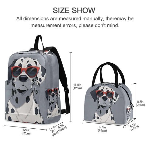 Dalmatian Print Backpack With Insulated Lunch Cooler set, showing front view with dimensions, ideal for work and school use.