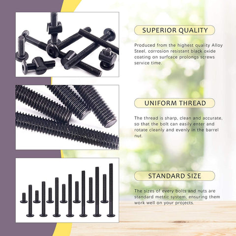 192 Piece M6 Hardware Kit For Cribs And Furniture Includes Heavy Duty Flat Head Hex Bolts Barrel Nuts Threaded Inserts Tee Nuts Flange Nuts And An Allen Wrench Included shown with quality details, uniform thread, and standard size.