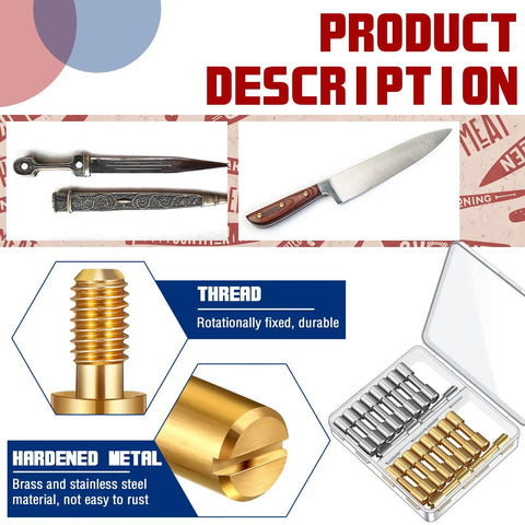 Image of bolts and knives showcasing 20 Sets Brass Bracket Bolts And Stainless Steel Bracket Bolts For Knife Making Handle Pins.