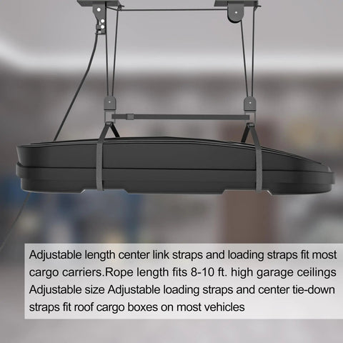 Ceiling Storage Hoist For Rooftop Carriers And Gear Heavy Duty Garage Pulley Lift System Holds Up To 150 Lbs installed in garage