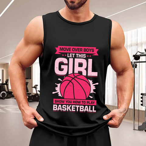 Men's Cotton Muscle Tank Top Super Fly Breathable Sleeveless Summer Undershirt Lightweight Gym Workout Tee With Sun Defense, black with basketball graphic.