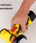 Close-up of a hand holding a Powerhouse Cordless Angle Grinder For Quick Cuts And Polishing, Portable Mini Tile Cutter Tool.