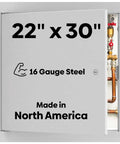 Rock Solid 22 By 30 Inch White Steel Access Panel With Smooth Concealed Hinge And No Hassle Screwdriver Latch For Drywall Ceilings featuring visible plumbing.