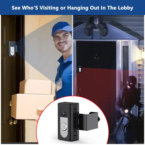 No-Brainer Anti-Theft Video Doorbell Mount For Ring And Blink Wireless Doorbells on door with delivery man and thief scenario