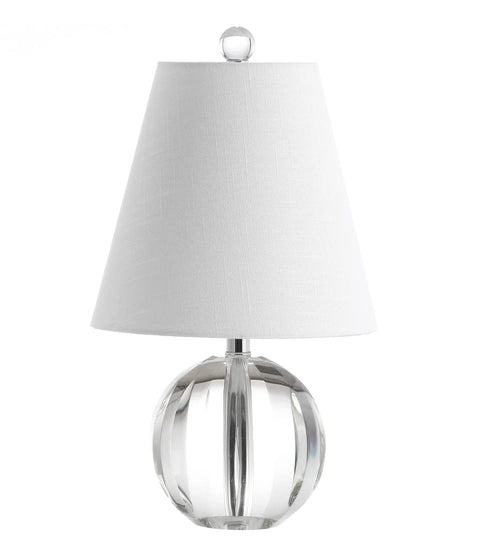 Clear Crystal Ball LED Table Lamp 16 Inches, Glam Orb Nightstand Light With White Linen Empire Shade, Modern and Elegant