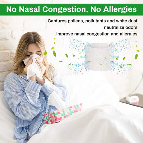 Woman using tissue in bed with image of Humidifier Filter E Replacement For HC14 Series Compatible With Honeywell HCM6009 HEV685 HEV680 HM3500 HM3600 3 Pack Keep Your Home Humidity In Check Today.