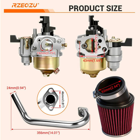 Predator 212 Stage 2 Carburetor Kit With Exhaust For 212cc 196cc 224cc Engines showing carburetor, exhaust pipe, air filter dimensions