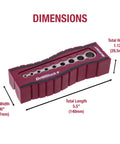 Drill Block Plus Handheld Drilling Guide dimensions labeled showing nine imperial drill bit slots on red body