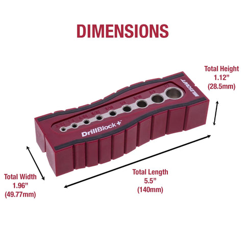 Drill Block Plus Handheld Drilling Guide dimensions labeled showing nine imperial drill bit slots on red body