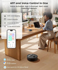 Woman using tablet to control LiDAR Robot Vacuum And Mop with Slick Smart Mapping in living room, M330 Pro on floor.