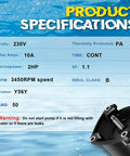 Product specifications for Heavy-Duty 2HP Pool Pump Motor, 230V Single Speed, displaying voltage, amps, and RPM details.