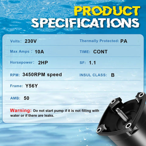 Product specifications for Heavy-Duty 2HP Pool Pump Motor, 230V Single Speed, displaying voltage, amps, and RPM details.