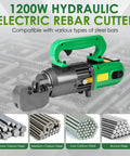 Yixbizhu 1250W Electric Hydraulic Rebar Cutter Slices #3 To #6 Steel Bars In 1.5 Seconds with green handle and steel rod compatibility.