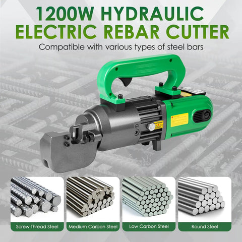 Yixbizhu 1250W Electric Hydraulic Rebar Cutter Slices #3 To #6 Steel Bars In 1.5 Seconds with green handle and steel rod compatibility.