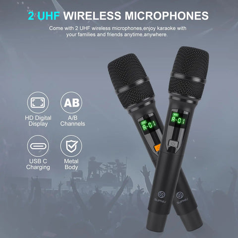 Two UHF wireless microphones for 200W Portable Karaoke Machine With 5 Channel Mixer Bluetooth PA System.