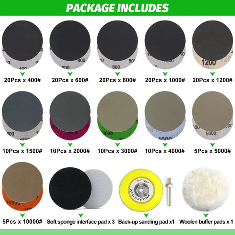 Pro Grade All In One 3 Inch Sanding Discs Kit 150 Pcs Silicon Carbide Wet Dry Hook And Loop 400 To 10000 Grit package components.