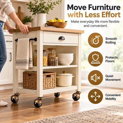 Twelve Piece 2 Inch Ball Caster Set With Swivel Plate Mount For Furniture And Cabinet Projects providing smooth glide on a kitchen cart.