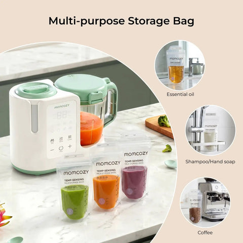200 Pack Breastmilk Storage Bags Featuring Nifty Temperature Color Shift And Knockout Double Zip Seal For Freezing 6 Ounce Sterilized Breastfeeding Supplies Dead Simple Straight Up Smooth Sailing Bundle displayed with storage options.