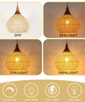 Hand Woven Rattan Pendant Light With Sturdy Wood Frame, 15 Inch Boho Ceiling Fixture for Kitchen Island and Dining Room, lights at different brightness levels.