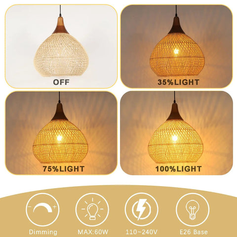 Hand Woven Rattan Pendant Light With Sturdy Wood Frame, 15 Inch Boho Ceiling Fixture for Kitchen Island and Dining Room, lights at different brightness levels.