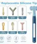 Clean Setup Oral Motor Vibration Kit With Seven Swappable Textured Silicone Heads For Mouth Muscle Tone And Sensory Relief Including Rechargeable Handle And Travel Case with seven silicone tips display.