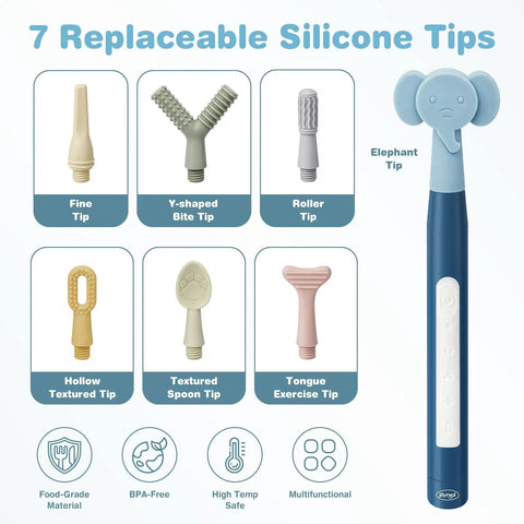 Clean Setup Oral Motor Vibration Kit With Seven Swappable Textured Silicone Heads For Mouth Muscle Tone And Sensory Relief Including Rechargeable Handle And Travel Case with seven silicone tips display.