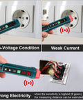 Image showing Non Contact Voltage Tester With 9 Gear Adjustable Sensitivity in action, detecting various voltage levels in outlets.