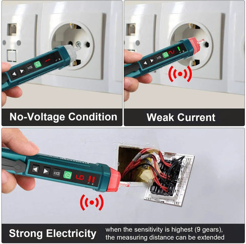 Image showing Non Contact Voltage Tester With 9 Gear Adjustable Sensitivity in action, detecting various voltage levels in outlets.