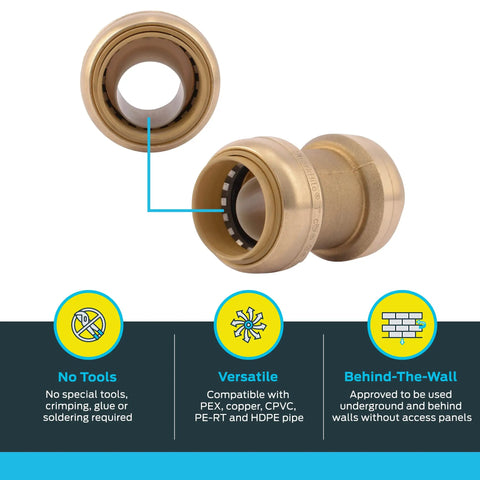 1 Inch Brass Push To Connect Plumbing Coupling For PEX Copper CPVC PE-RT HDPE Piping Easy Snap On Quick Connect Fitting No Solder Required