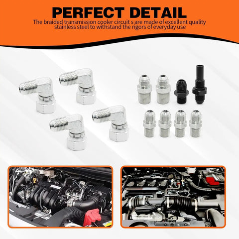 Close-up of fittings and connectors for 70 Inch Braided 6AN Transmission Cooler Hose Kit, stainless steel construction for heavy-duty use.