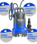 Badass 1HP Submersible Sump Pump Pushes Hella Fast 4500GPH with float switch, portable handle, and hose connections.