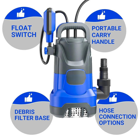 Badass 1HP Submersible Sump Pump Pushes Hella Fast 4500GPH with float switch, portable handle, and hose connections.