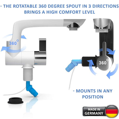 12V Electric Water Faucet With Switch For RV Kitchen Sink And Pump Hookup, showing 360-degree rotatable spout in white and black.