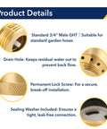 Detailed view of Brass Hose Bib Backflow Preventer Vacuum Breaker Outdoor Faucet 3/4 Inch FHT To 3/4 Inch MHT Connection features.