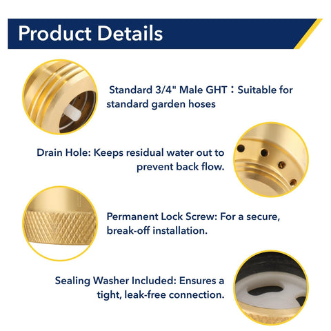 Detailed view of Brass Hose Bib Backflow Preventer Vacuum Breaker Outdoor Faucet 3/4 Inch FHT To 3/4 Inch MHT Connection features.