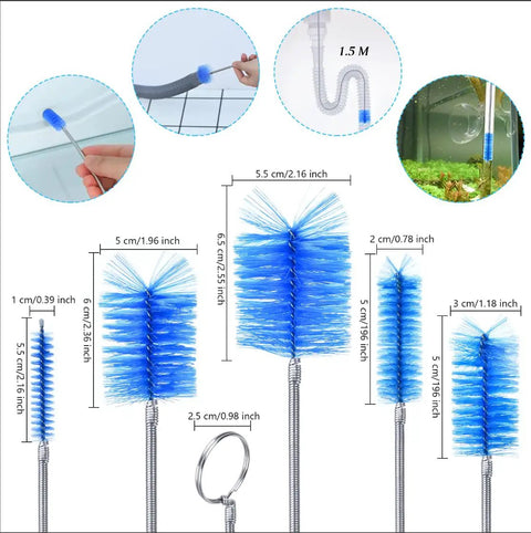 Flexible Drain Snake Kit, 3 Piece Stainless Steel Pipe Cleaners With Multiple Brush Heads, showing blue brush heads for kitchen sink and bathroom use.