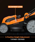 Side view of Electric Lawn Mower With 16 Inch Cutting Width 3500 RPM Power 12 Amp Corded Design Eco Friendly No Gas Or Batteries Needed Five Height Settings From One Point Four To Three Inches For Quick Easy Yard Work, showing adjustment lever and height settings.