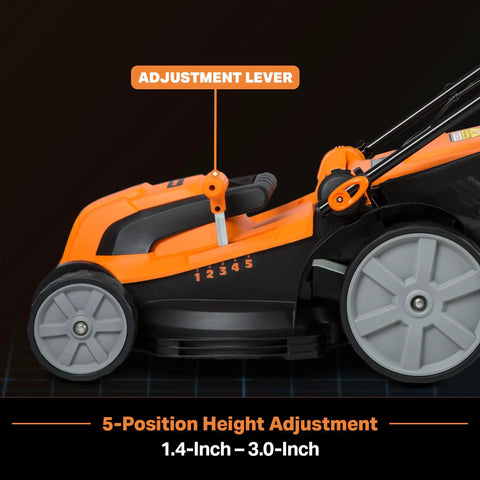 Side view of Electric Lawn Mower With 16 Inch Cutting Width 3500 RPM Power 12 Amp Corded Design Eco Friendly No Gas Or Batteries Needed Five Height Settings From One Point Four To Three Inches For Quick Easy Yard Work, showing adjustment lever and height settings.