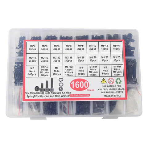 Heavy Duty Metric Bolts And Nuts Set With Flat And Lock Washers M2 To M5, 12.9 Grade Alloy Steel, Built To Last, Precise Threads Under 0.01mm Tolerance For Quick, No Fuss Assembly, 1600-piece organizer