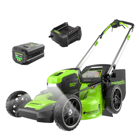 80V 21 Inch Self Propelled Cordless Lawn Mower With Brushless Motor LED Lights 4.0Ah Battery And Rapid Charger in bright green color