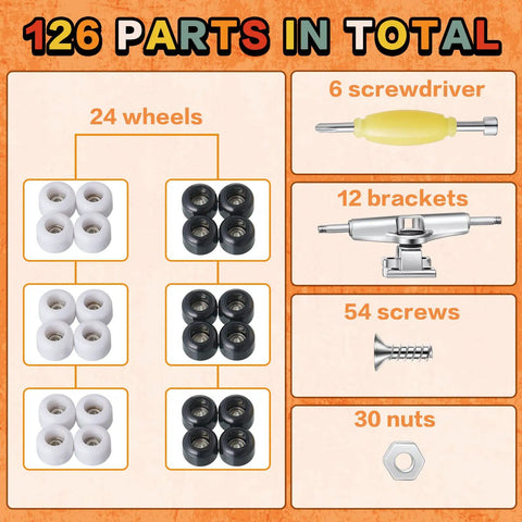 Image detailing Six Sets DIY Fingerboard Kit With 24 Wheels 12 Brackets 54 Screws 30 Nuts And 6 Screwdrivers for mini skateboard build