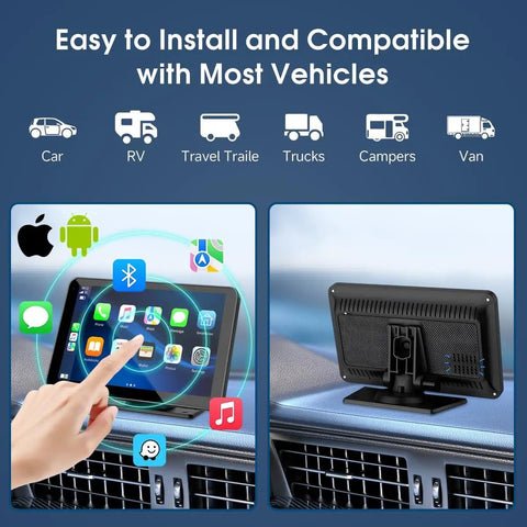 Front and rear view of Universal 7 Inch HD CarPlay Screen With Wireless CarPlay And Android Auto, Bluetooth, HD Backup Camera.