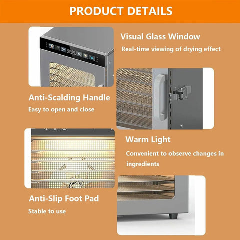 Stainless Steel Electric Food Dehydrator With Eight Sturdy Trays showing visual glass window, anti-scalding handle, and anti-slip foot pad.