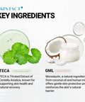 Key ingredients image showing Centella Asiatica extract and coconut oil extract with descriptions.