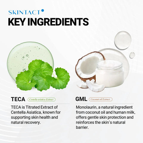 Key ingredients image showing Centella Asiatica extract and coconut oil extract with descriptions.