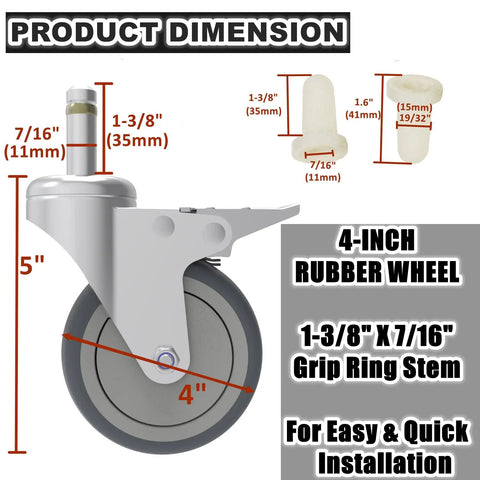4 Inch Swivel Stem Casters Set Built Tough Seven Sixteen Inch Stem Diameter 200 Lb Each With 2 Brakes And 2 Swivel TPR Rubber Wheels