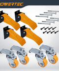 Heavy Duty Workbench Caster Kit With Retractable Stepdown Swivel Wheels Set Of Four Two Point Five Inch TPR Casters 600 Pound components.