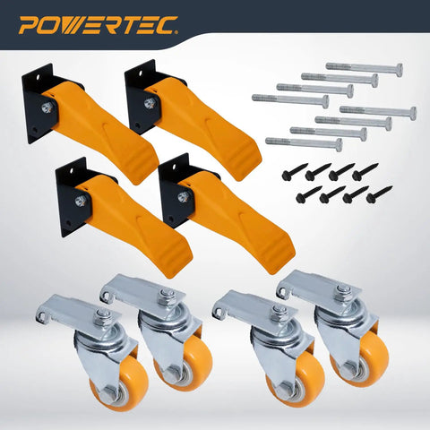 Heavy Duty Workbench Caster Kit With Retractable Stepdown Swivel Wheels Set Of Four Two Point Five Inch TPR Casters 600 Pound components.