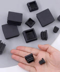 140Pcs Square Tubing End Caps Kit, Eight Sizes From 1/2 Inch To 1-1/2 Inch And Three Colors, Black Plastic Plugs Displayed